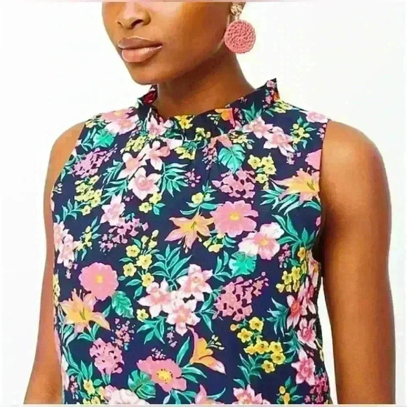 JCREW Ruffle Neck Sleeveless Floral Blouse in Navy, Pink, Green and Yellow - Picture 3 of 9